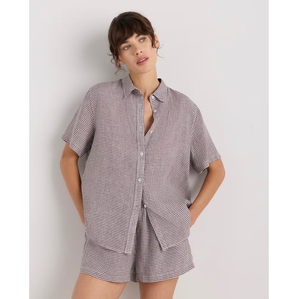 Quince Linen Pajama Set Womens L Black Gingham Cottagecore Short Sleeve Shorts